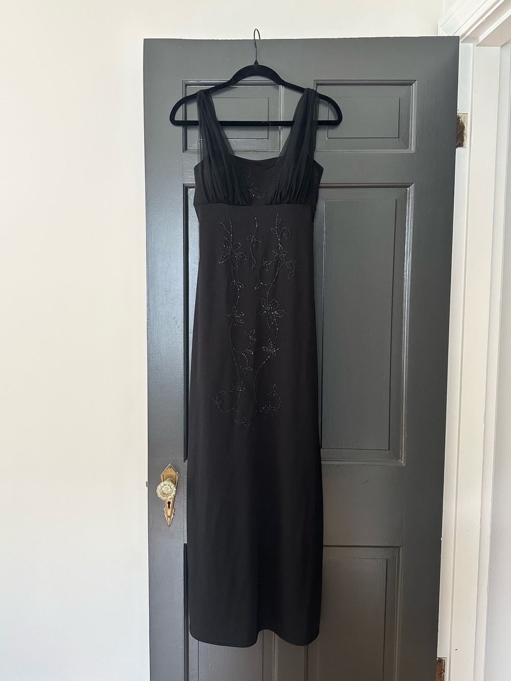 Vintage Y2K Black Beaded Maxi Dress Empire Waist Size 8 Made USA, Black Tie